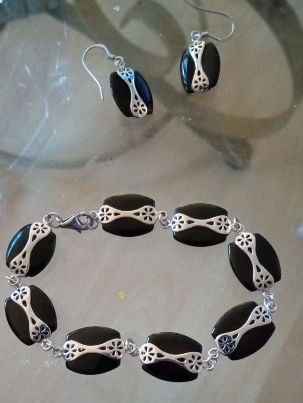 Vintage Balinese Style Black Onyx & Silver Filigree Link Bracelet and Earrings